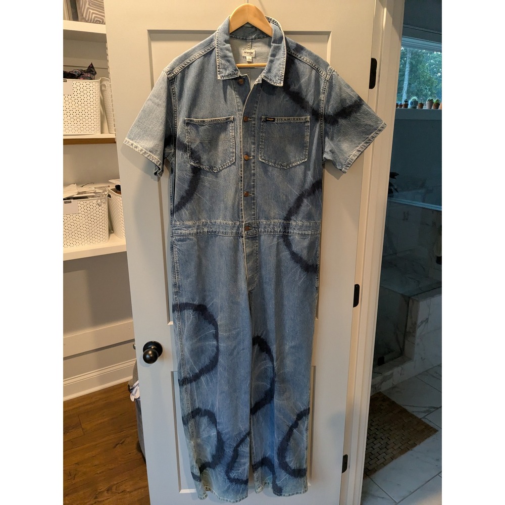 Vintage‎ Wrangler Denim Jumpsuit XL Short Sleeve Blue Tie Dye One Piece Romper